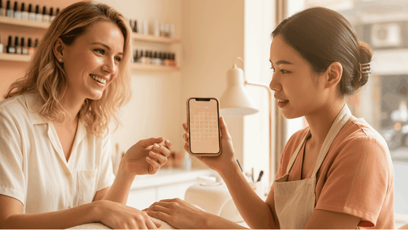 Thợ nail đưa lịch trên điện thoại cho khách chọn ngày hẹn tiếp theo khi khách vẫn ngồi tại bàn