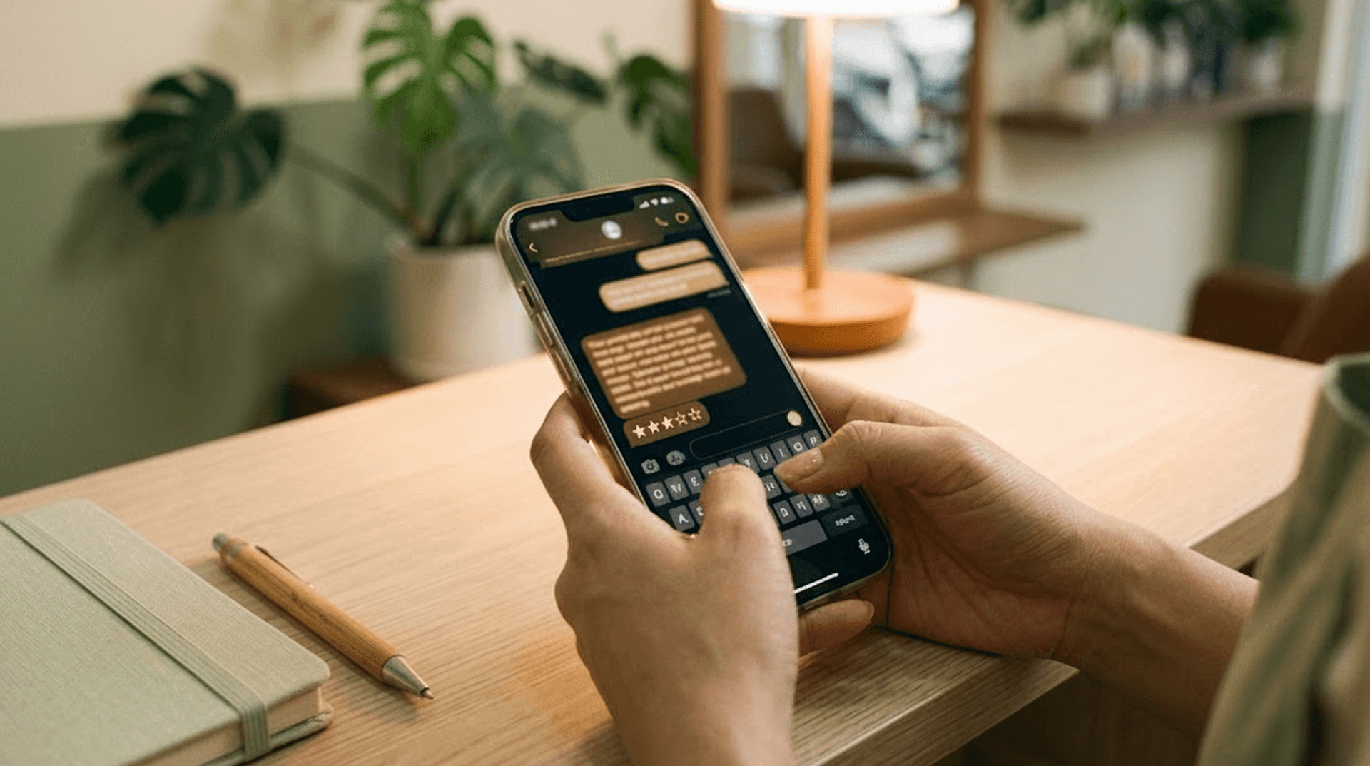 Tay chủ tiệm gõ trả lời review trên điện thoại, đặt trên quầy lễ tân cạnh cuốn sổ hẹn