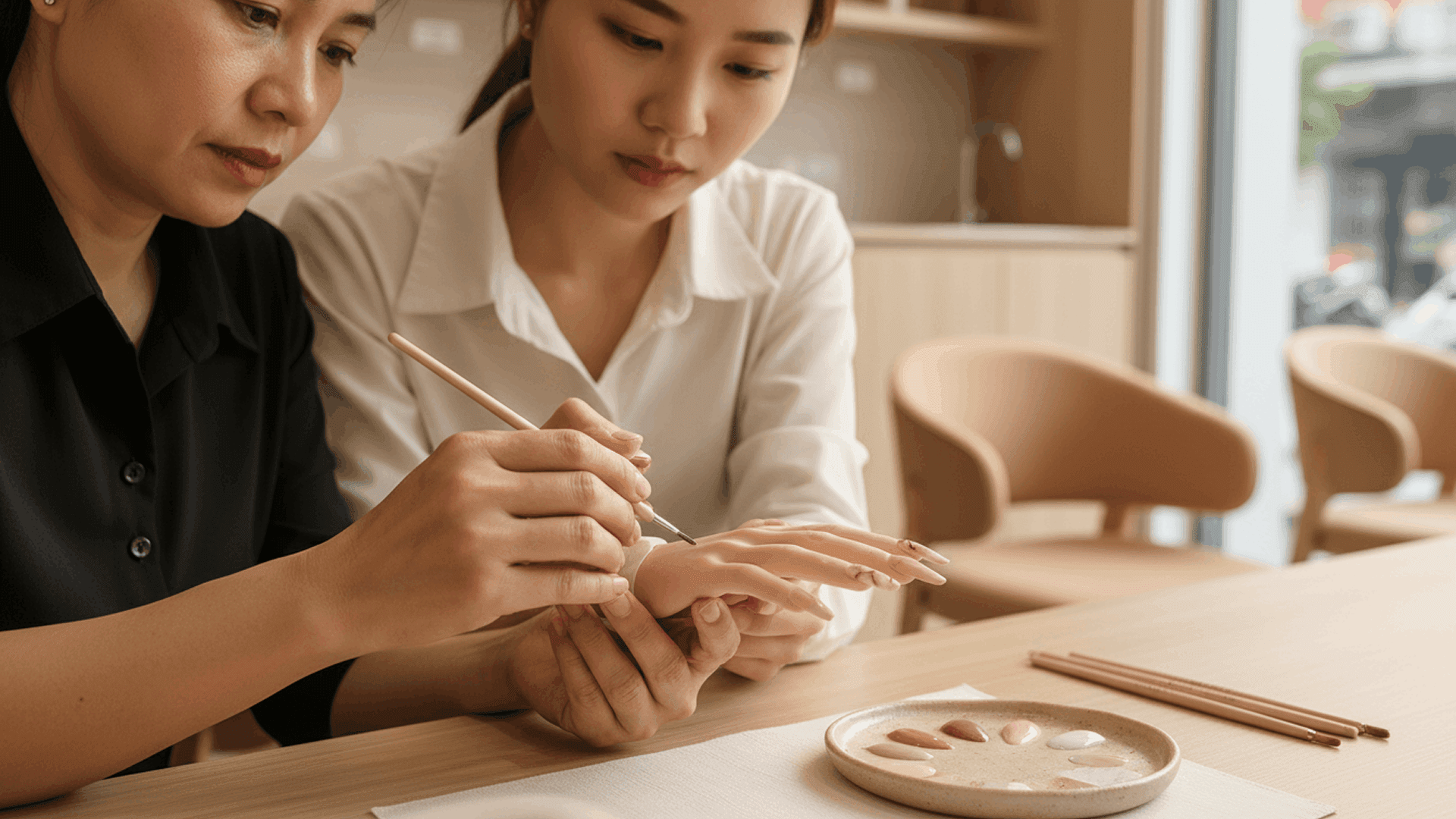 Thợ nail lâu năm cầm tay thợ mới hướng dẫn vẽ nét trên bàn tay tập