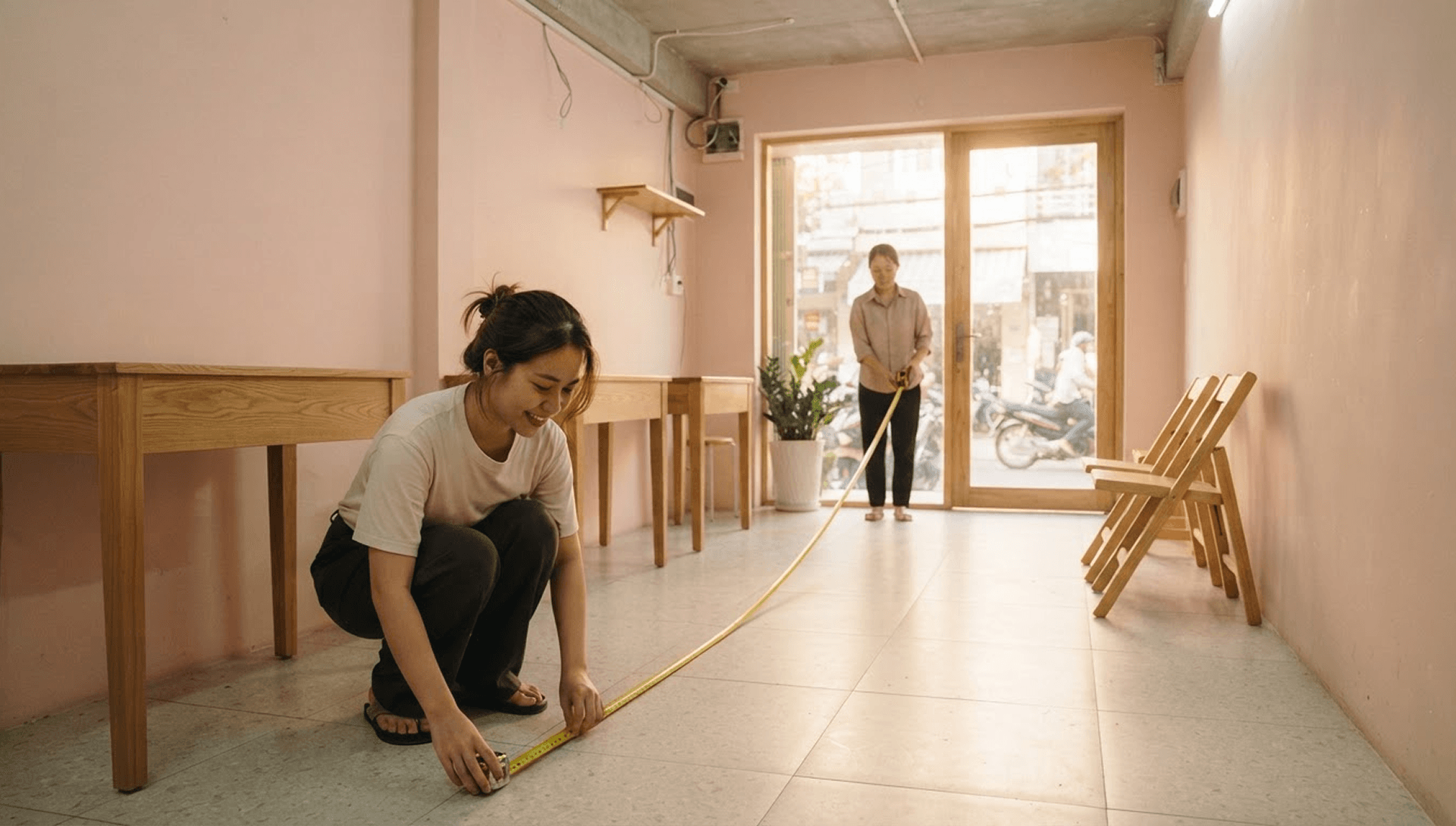 Hai người căng thước cuộn trên sàn giữa hai bàn làm móng đặt đối diện nhau trong một tiệm nail còn trống
