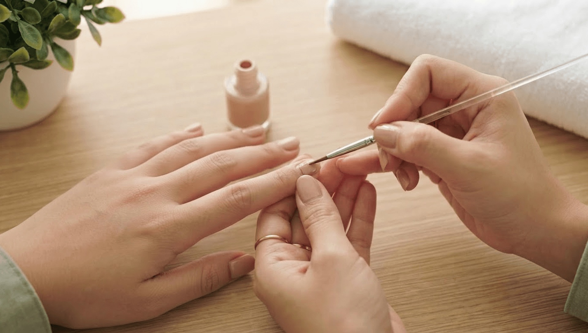 Tay thợ nail đang sửa một móng gel bị bong trên tay khách, các móng còn lại nguyên vẹn