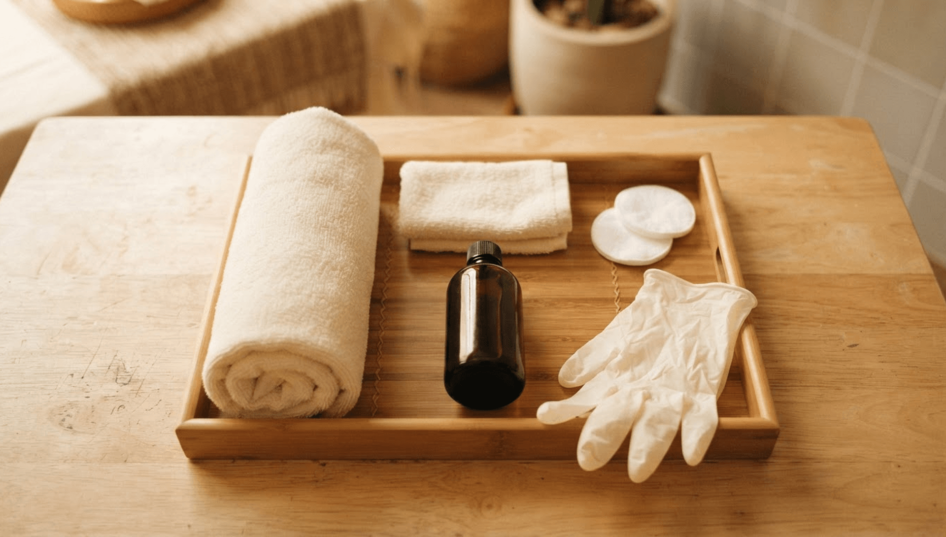 Khay tre đặt trên quầy gỗ, bày khăn, chai tinh dầu, bông và găng cho một lượt massage