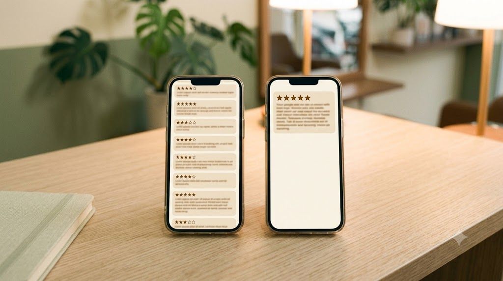 Minh họa hai trang: một bên gần năm sao với nhiều thẻ review, một bên đủ năm sao nhưng chỉ có một thẻ review