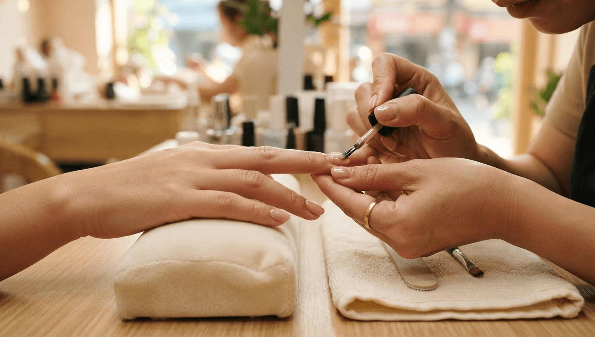 Thợ nail sơn lại một móng tay cho khách, bốn móng còn lại vẫn nguyên